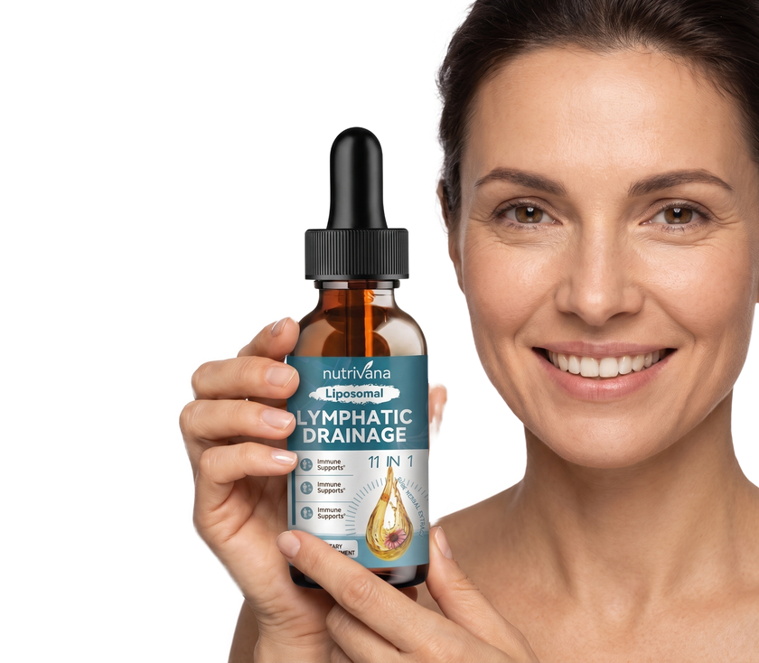 Smiling woman holding Nutrivana liposomal lymphatic drainage drops